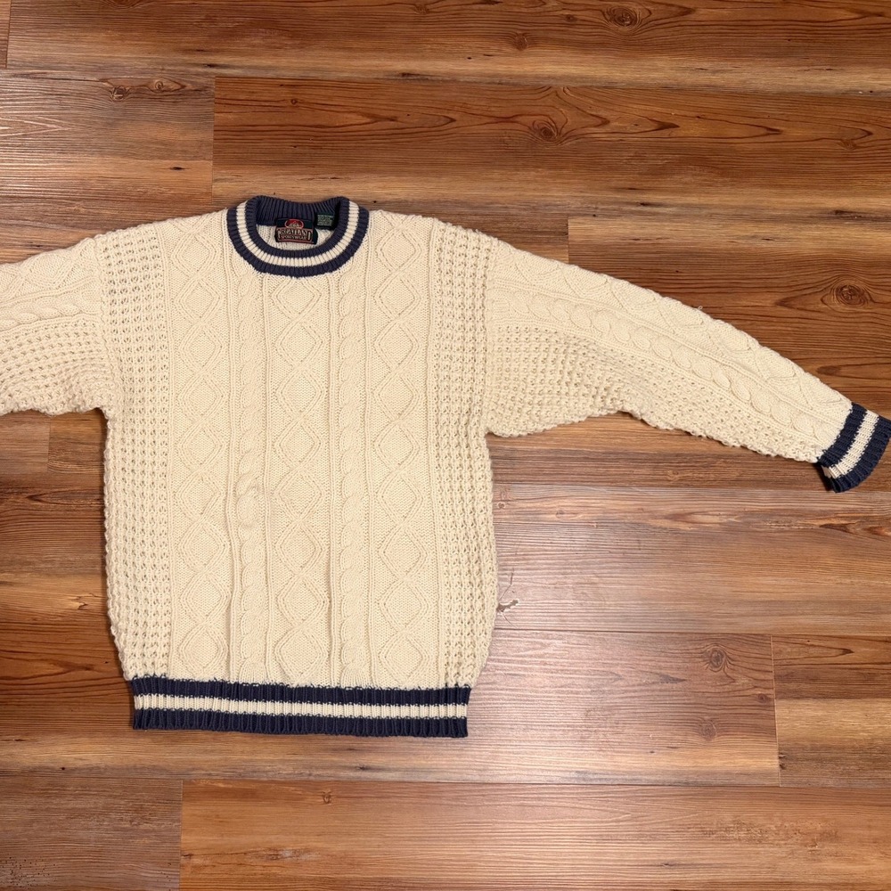 Greatland Sportswear Mens Large Cable Knit Sweater Cream Navy Blue‎ Striped Trim